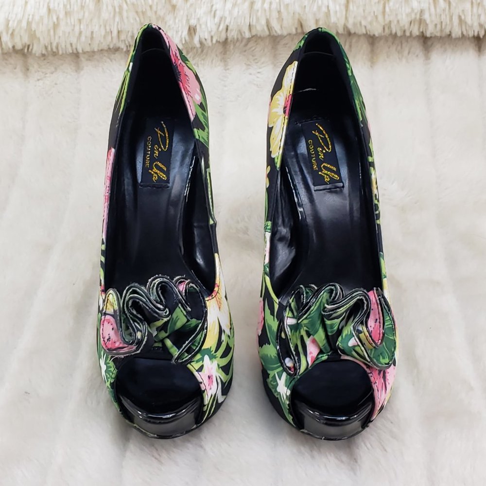 Tropical Floral Open Toe Ruffle Detail Platform Pumps Shoes - Picture 12 of 14